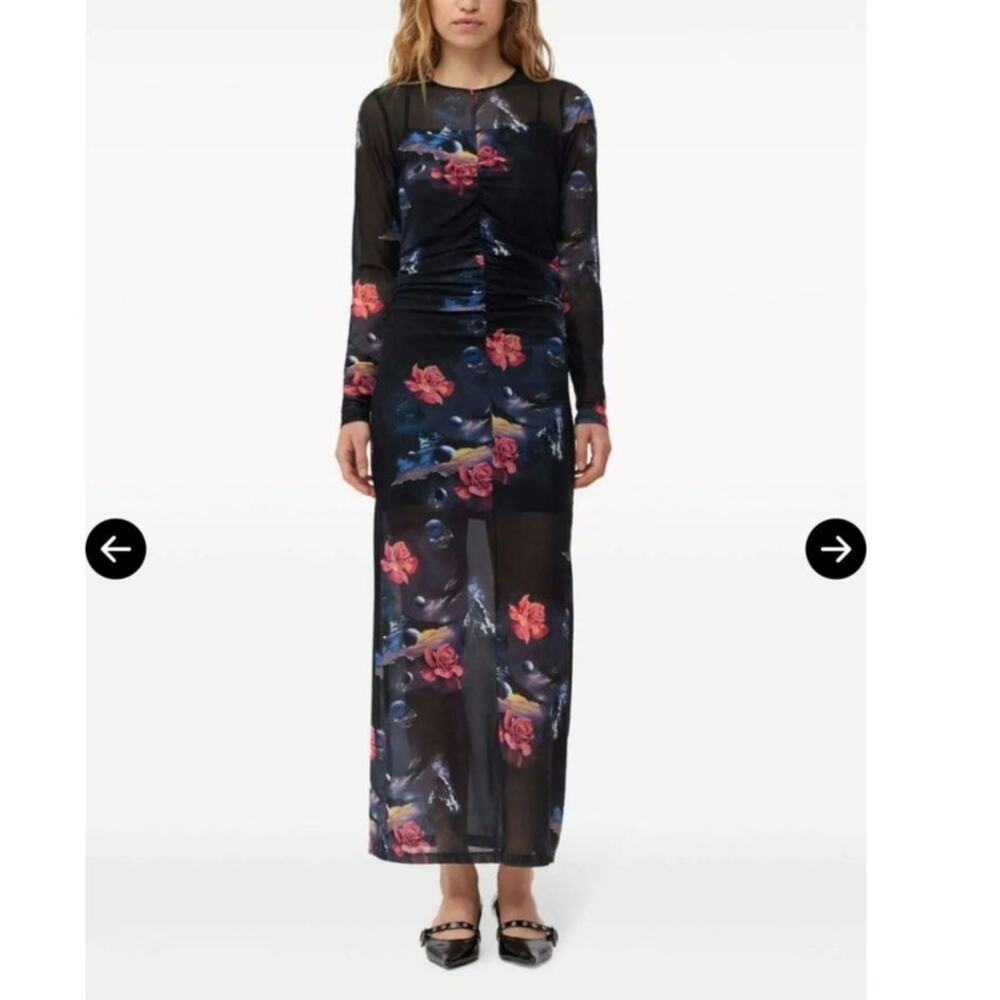 Ganni Floral‎ Mesh Ruched Long Dress Size: 36